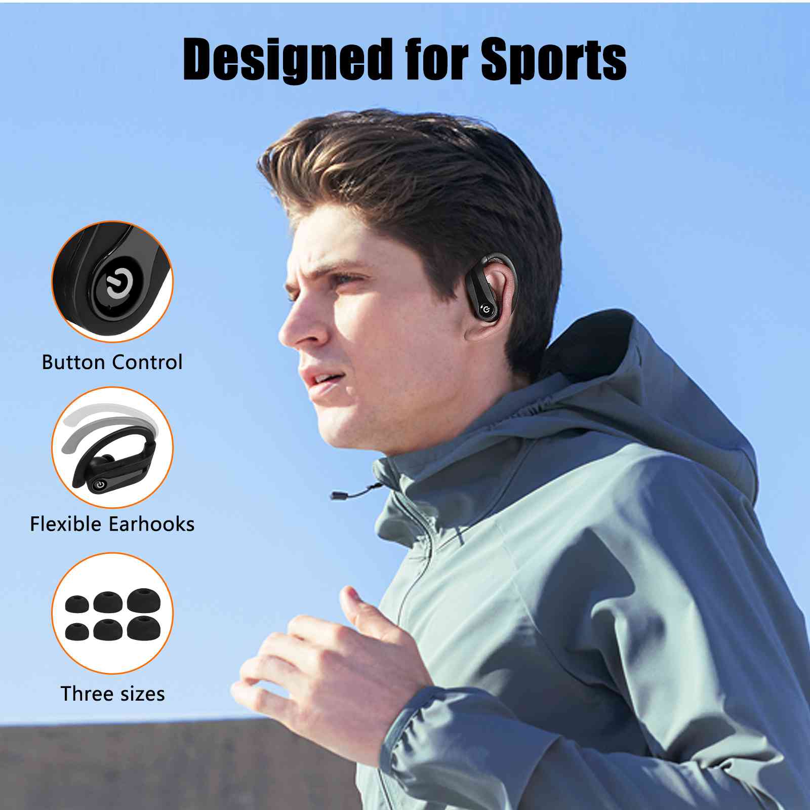 UrbanX over the ear headphones wireless Bluetooth with Earhooks Built-in  Mic, 200H Superior Playtime, Immersive Sound, Quick-Pair, Secure Fit, IPX7 